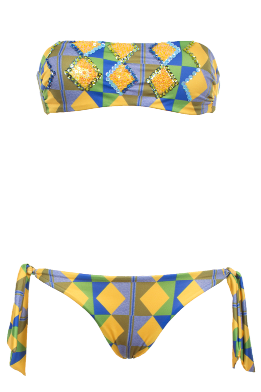 Printed padded bandeau bikini with sequins