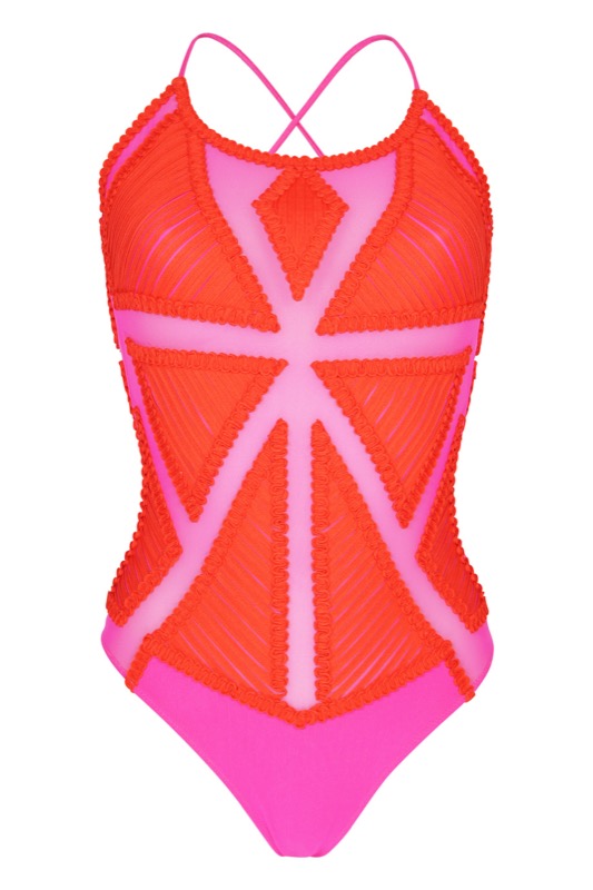 Badeanzug mit Mesh-Einsätzen in rot/pink