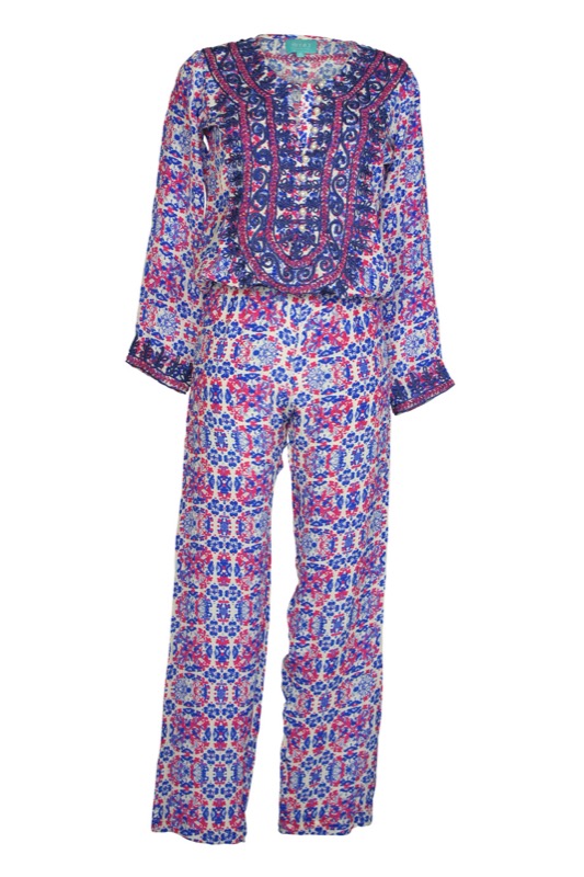 Seiden Jumpsuit mit Stickerrei fuchsia blau