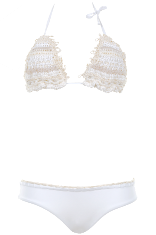 Triangle Bikini DALILA mit feinster Stäbchen-Häkelarbeit in Beige auf Weiß | Anjuna | 2015