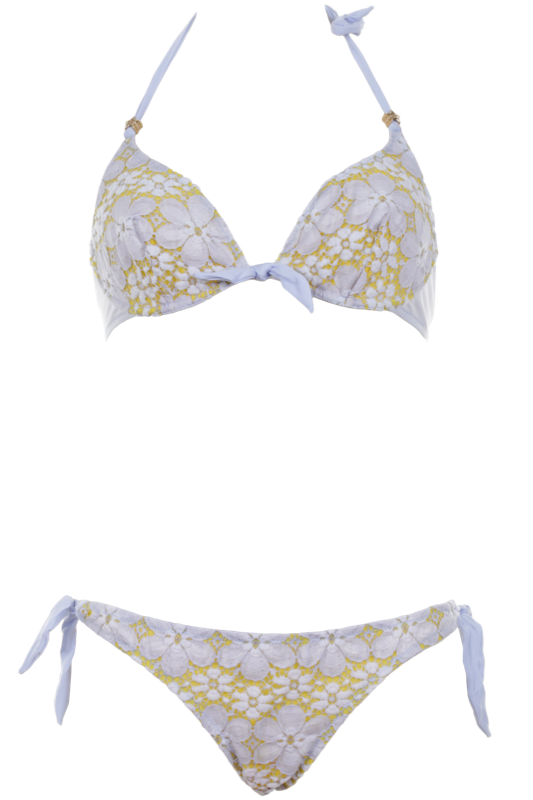 PIN-UP STARS | Bügel Bikini aus Makramee-Spitze in Hellblau auf Gelb ideal für C...