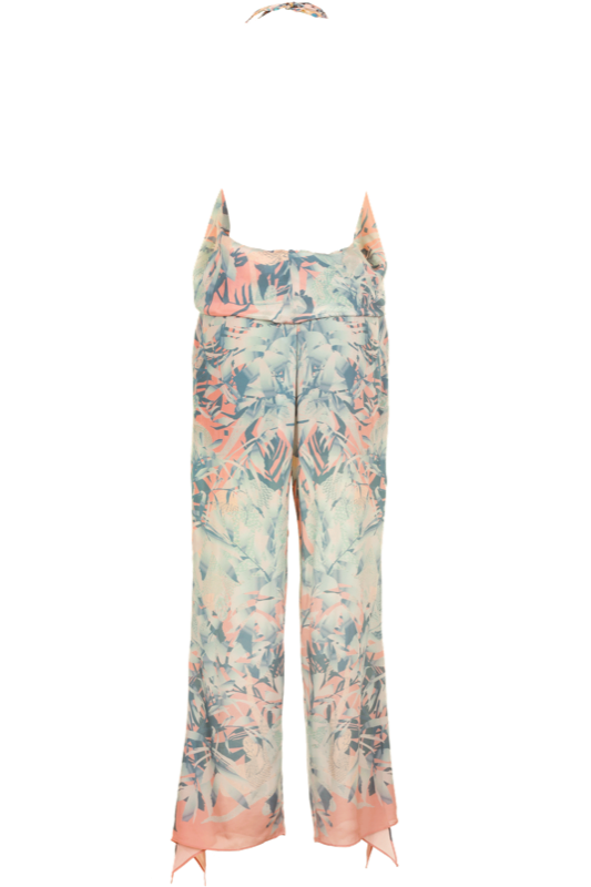 Neckholder Jumpsuit im Bohemian-Style aus Seide mit feinster Stickerei, Schmucksteinen und Multi-Color-Print | Camilla