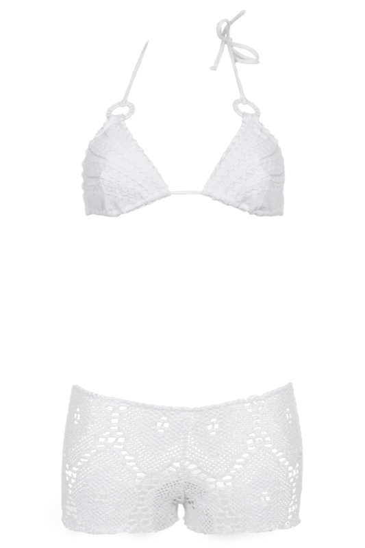 Triangle Bikini und Shorts in Sommerweiß mit Häkel-Look | Flavia Padovan