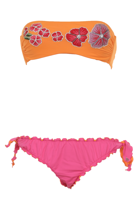 EMAMO | Gefütterter Bandeau Bikini in Pink/ Orange mit Blumen-Stickerei u...