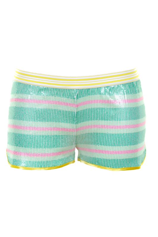 SALE Shorts mit Pailletten und Streifenmuster in Grün-Weiß-Pink