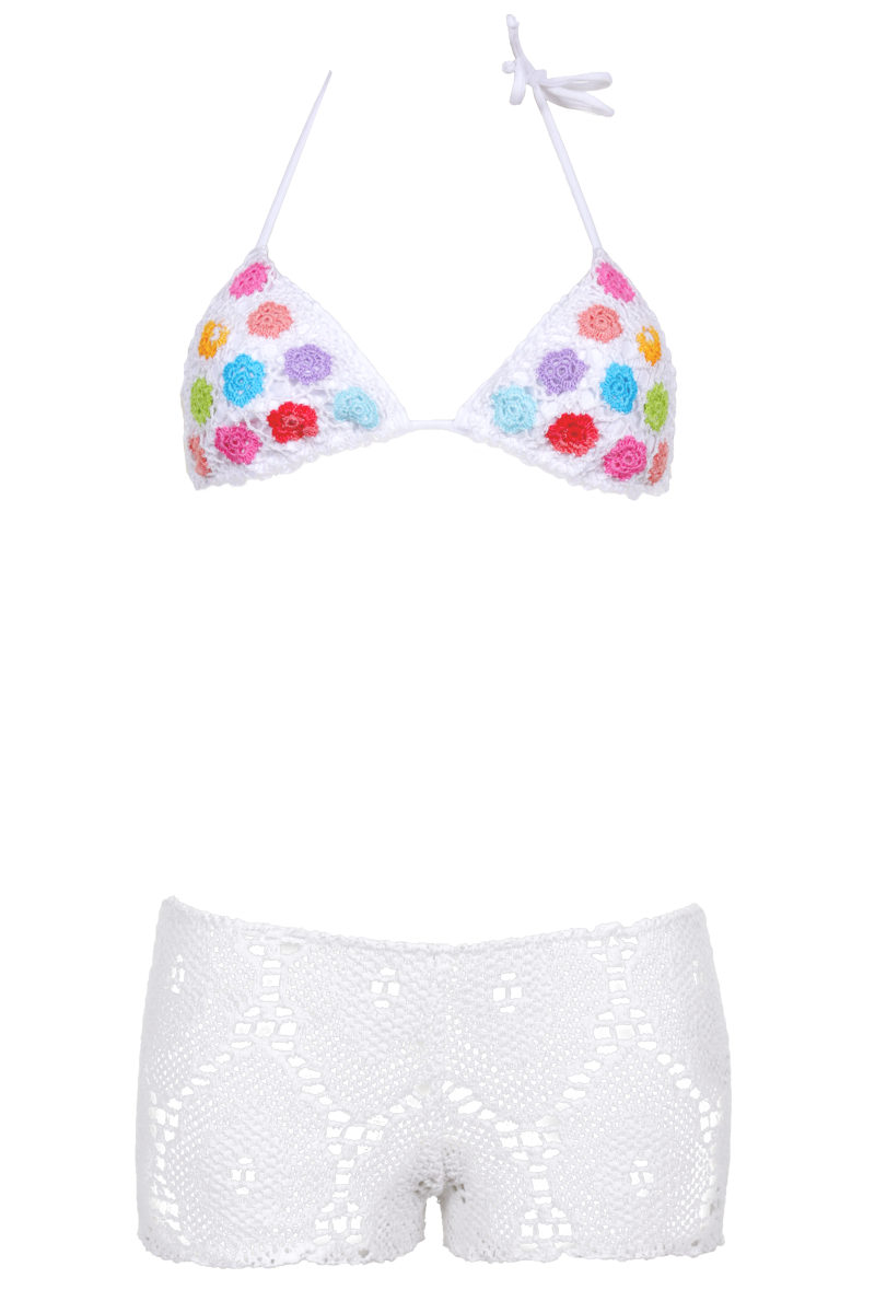 Triangle Bikini mit Shorts und Stickerei in Multicolor auf Weiß  | Flavia Padovan