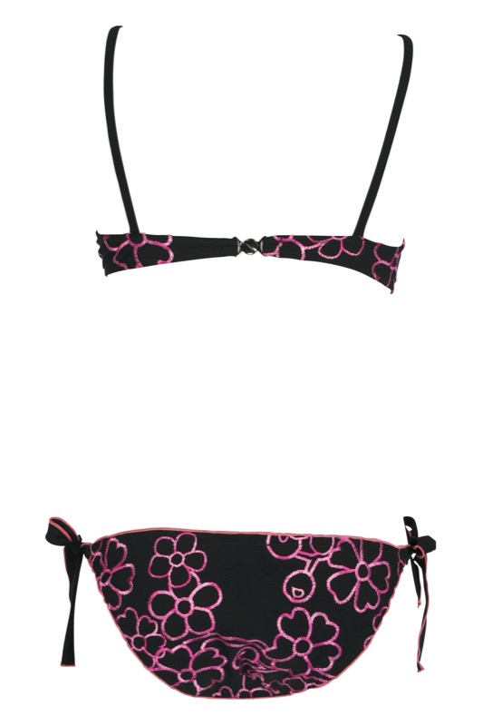 Padded Bügel Bikini mit Blütenstickerei in schwarz