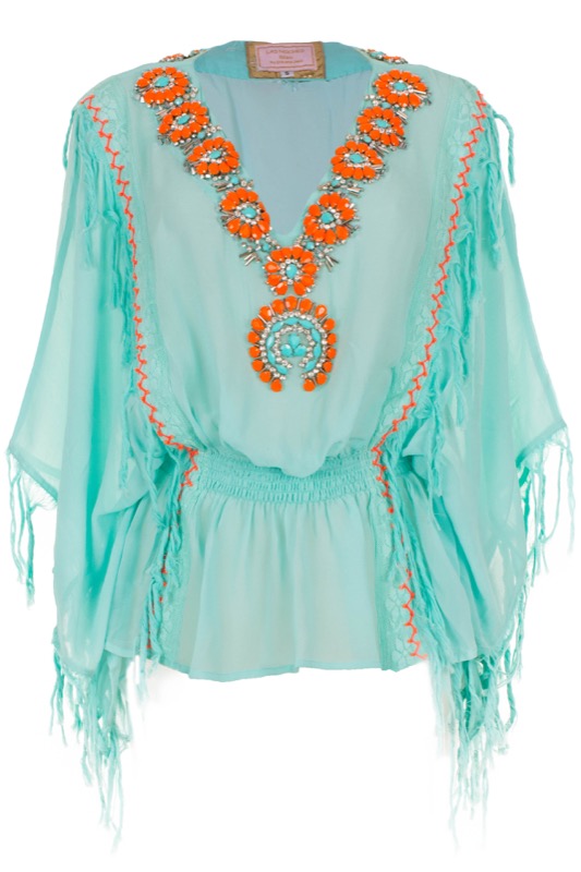 Embroidered silk top dress with fringes