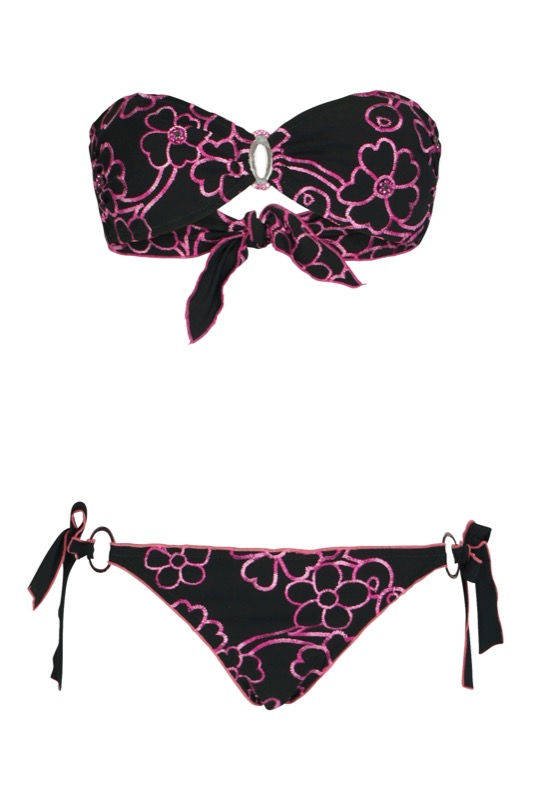 Padded Bandeau Bikini mit Blütenstickerei in schwarz