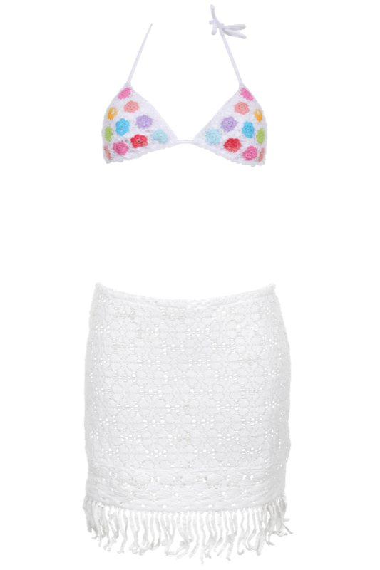 Triangle Bikini mit Rock und Stickerei in Multicolor auf Weiß  | Flavia Padovan