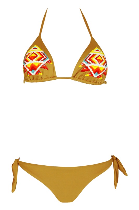 Padded Triangle Bikini in braun mit Perlenstickerei