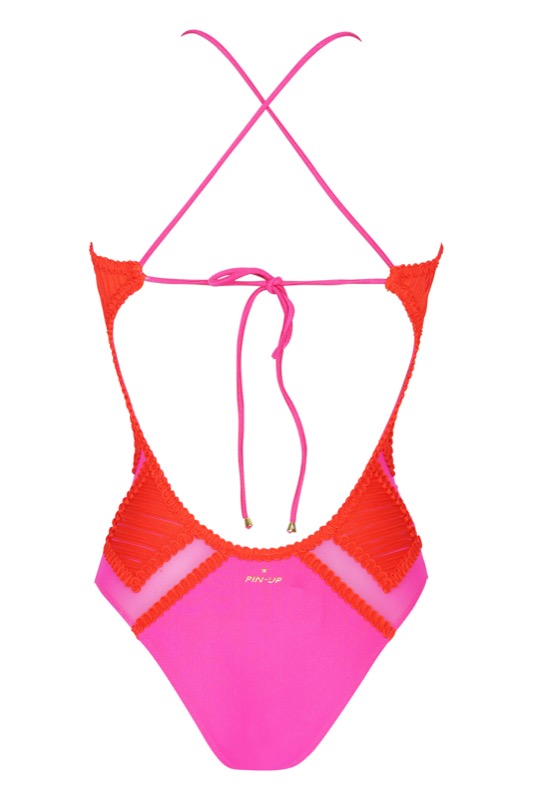 Badeanzug mit Mesh-Einsätzen in rot/pink