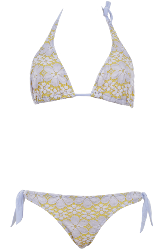 PIN-UP STARS | Triangle Bikini aus Makramee-Spitze in Hellblau auf Gelb ideal fü...