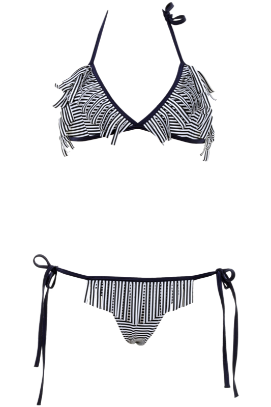SUMARIE | Reine Triangle Bikini im Streifenmuster Navy-Weiß und mit Fransen...