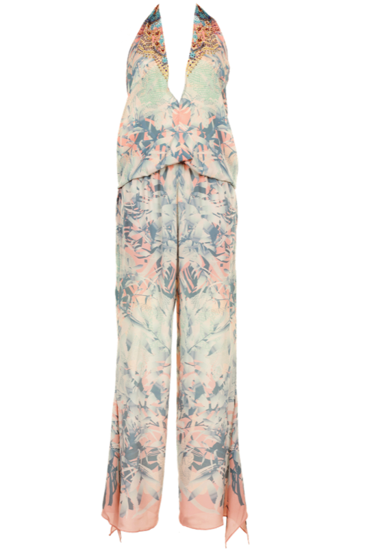 Neckholder Jumpsuit im Bohemian-Style aus Seide mit feinster Stickerei, Schmucksteinen und Multi-Color-Print | Camilla