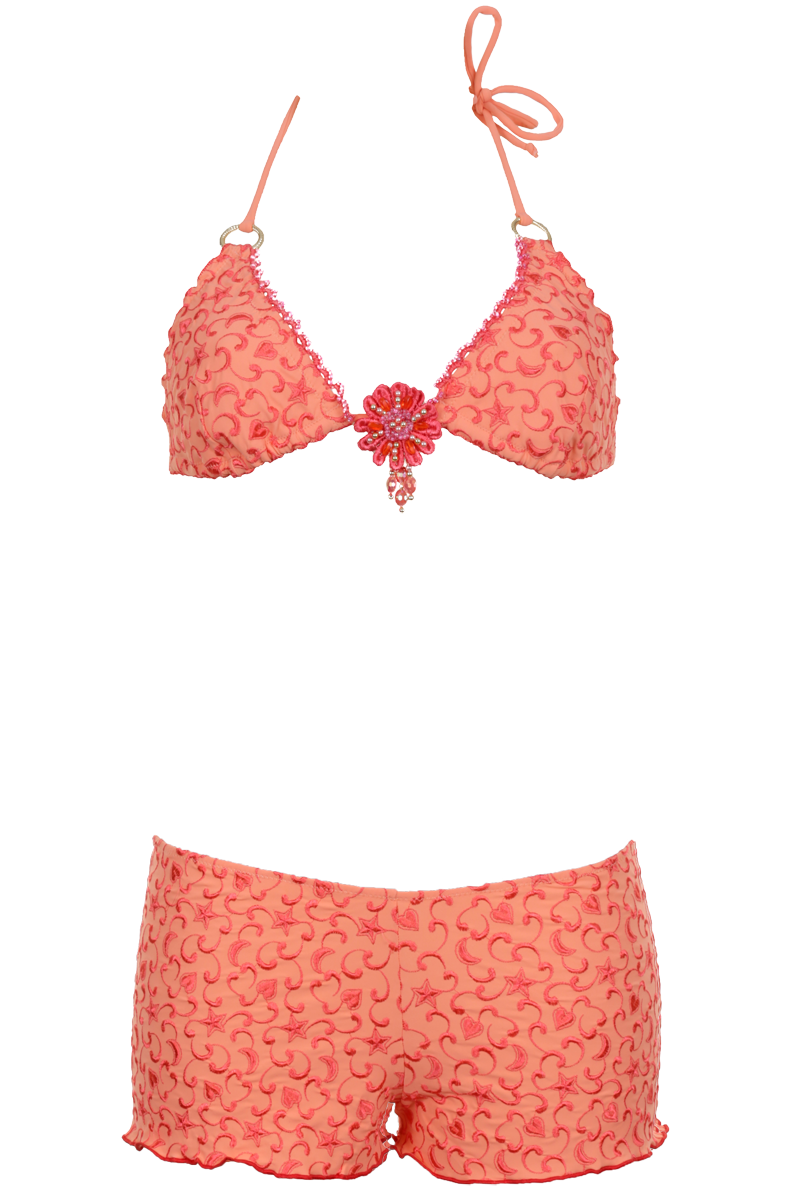 Gefütterter Triangle Bikini mit feiner Perlenstickerei in Rot auf Orange mit Shorts by Flavia Padovan
