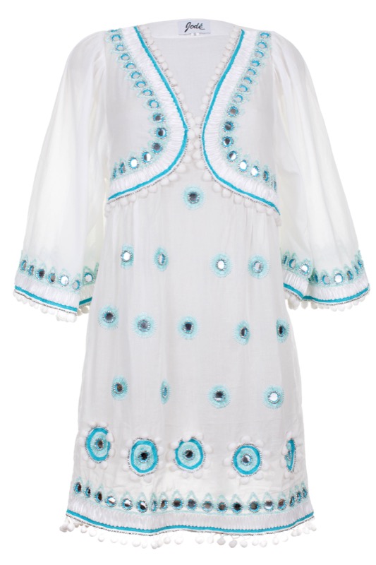 Embroidered blue tunic with pom-poms