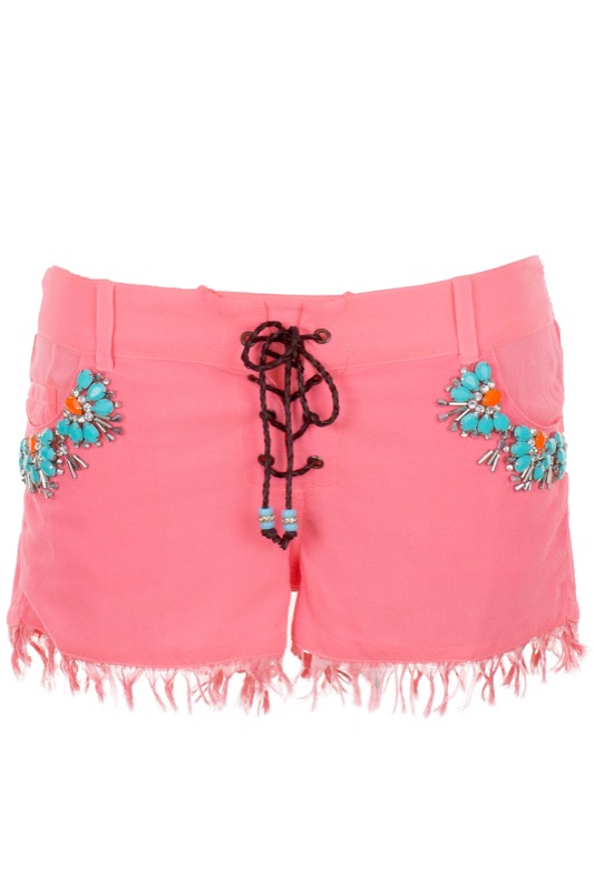 Embroidered silk shorts with fringes
