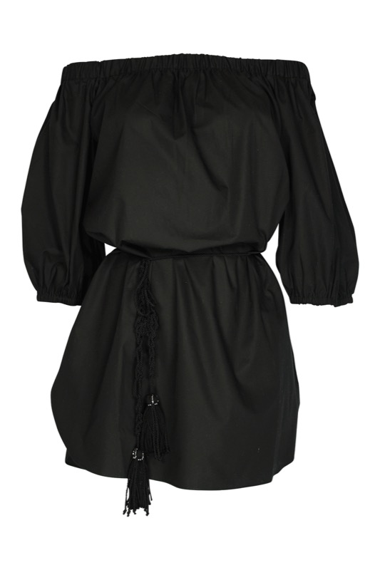Schulterfreies Kleid mit gehäkeltem Gürtel in schwarz