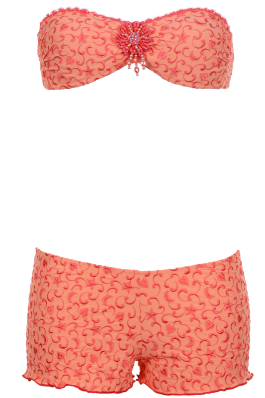 Gefütterter Bandeau Bikini mit feiner Perlenstickerei in Rot auf Orange mit Shorts by Flavia Padovan