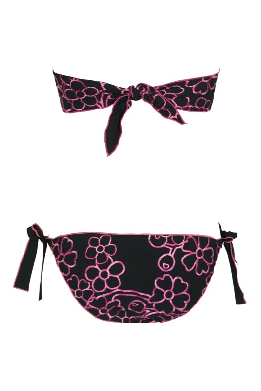 Padded Bandeau Bikini mit Blütenstickerei in schwarz