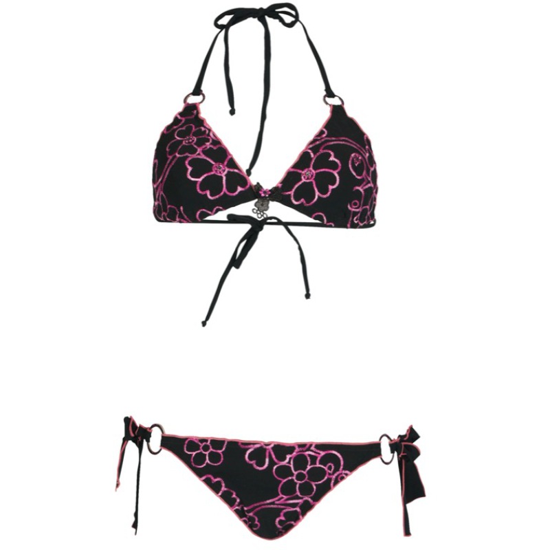 Padded Triangel Bikini mit Blütenstickerei in schwarz