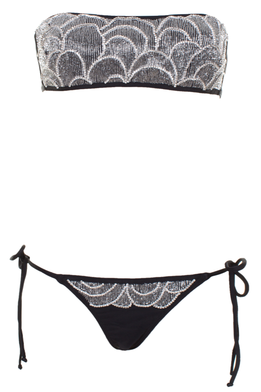 Bestickter Bandeau Bikini mit Perlen Silber auf Schwarz